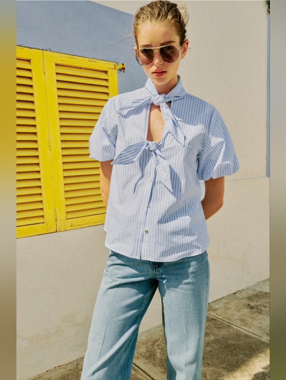 Zara Light Blue and White Striped Tie-Front Blouse